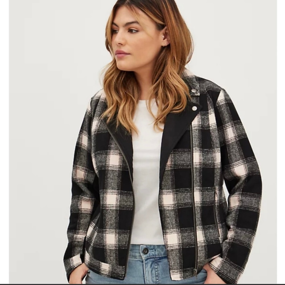 Torrid Flannel Moto Jacket Pink & Black plaid Size 1X
